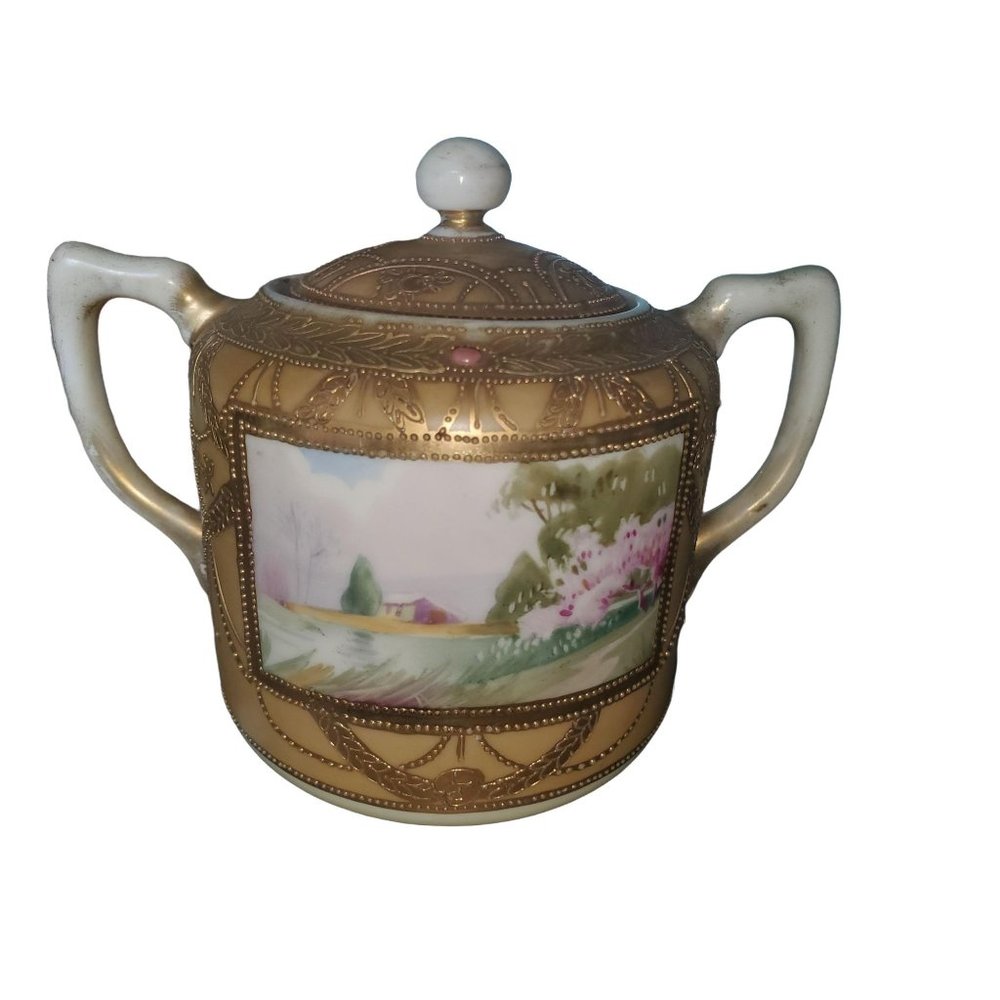 Nippon hand painted Gold Encrusted Beaded Sugar Bowl: water, house, cherry bloom